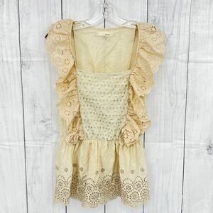 A'Reve Cream Eyelet Boho Floral Top Blouse sleeveless peplum SMALL